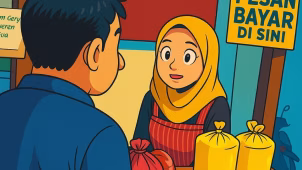 Ilustrasi dua orang sedang bertransaksi di pasar, seorang wanita berhijab kuning dan apron merah melayani pembeli lelaki dengan membawa hasil pertanian